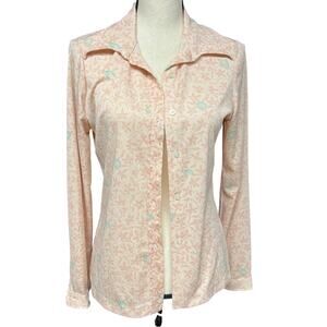 Vintage S/M 1970's women's dagger collar long sleeve button down leaf snail pink